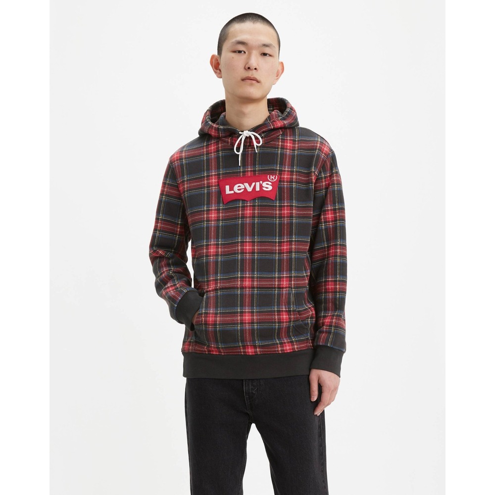 Levi's Logo Plaid Hoodie Mens Large Sweatshirt Red Black Batwing